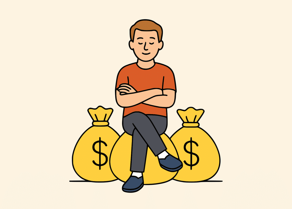 man sitting on stash of money happy and content