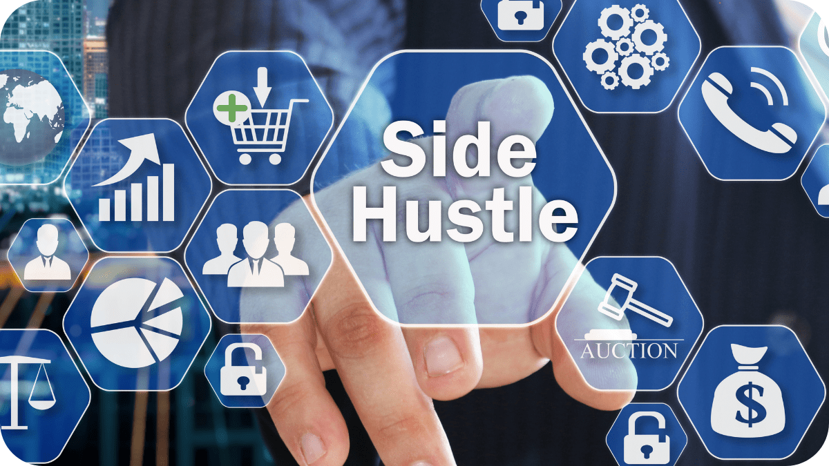 word Side Hustle with hand and boxed money options